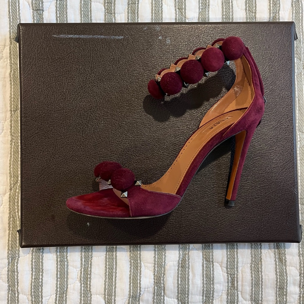 Alaïa Paris Burgundy Suede Pom Pom Ankle Strap Heels – Size 36.5 EU / 6.5 US